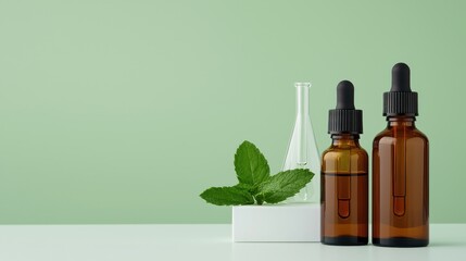 Bottles of Essential Oils with Fresh Mint Leaves on Light Green Background for Wellness and Aromatherapy Concepts