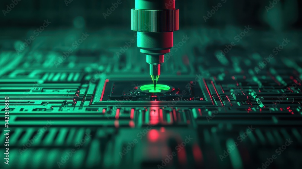 Poster abstract close-up of a circuit board with a green light and a precise nozzle in a high-tech environm
