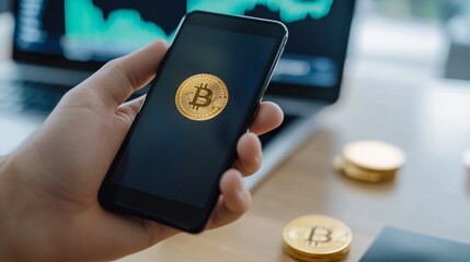 Close-up of Bitcoin display on smartphone for modern financial technology