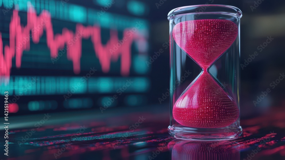 Poster hourglass with red sand on background of graphs representing time management and financial trends in