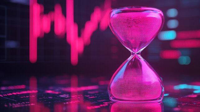 Glass hourglass with pink sands reflecting stock market data and financial graphs in the background