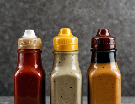 Bottles of different souces on a dark background. Copy space. Created using generative AI tools

