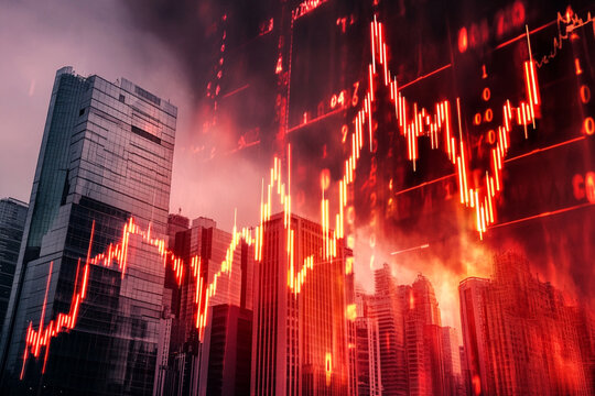 Cityscape financial crisis red stock market graph decline skyscrapers