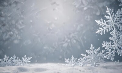 Elegant snowflake border; large & small flakes on snowy background , ice crystals, winter