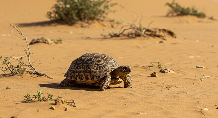 Obraz premium Walking Turtle in Desert Landscape Sand Dunes