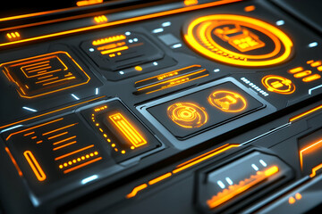 Futuristic technology interface with glowing orange HUD elements.  Abstract digital dashboard design.