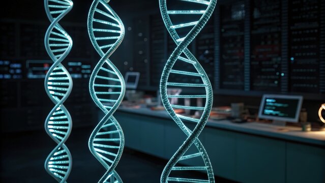 Futuristic DNA Helixes with Neon Glow in High-Tech Laboratory Environment