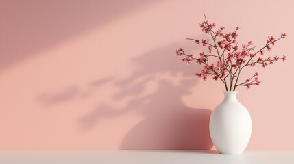 Minimalist Floral Arrangement in White Vase with Cherry Blossom Branches Against Soft Pink Background
