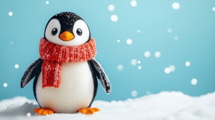 Fototapeta premium Cute Cartoon Penguin in Scarf Surrounded by Snowflakes on Blue Background for Winter Themes