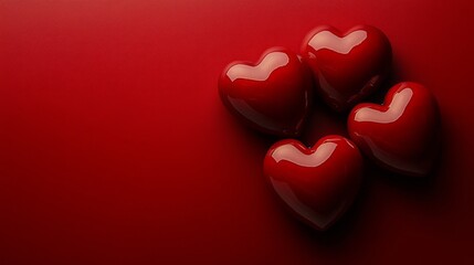 Fototapeta premium Four glossy red hearts are arranged on a red background