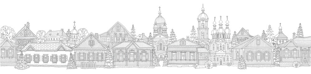 Christmas and New Year seamless border pattern. Fairy tale wooden houses, churches, fir trees. Coloring book page