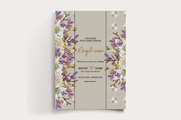 WEDDING INVITATION FRAME WITH FLOWER DECORATIONS AND FRESH LEAVES