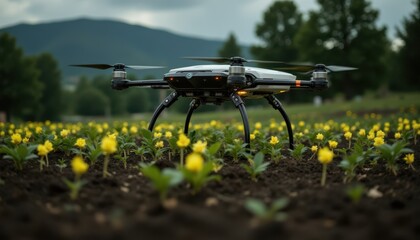 AI driven drone planting glowing seeds in abandoned field, tech restoring nature