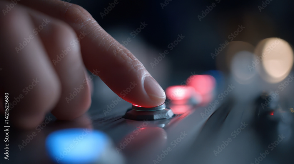 Aufkleber close up of hand pressing button on control panel, illuminated by colorful lights, creating sense of