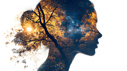 Harmony Within: A captivating double-exposure portrait showcases the delicate interplay between nature and inner consciousness.