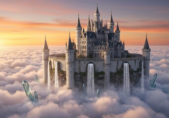 Fototapeta premium Majestic castle floating in the clouds with cascading waterfalls at sunset