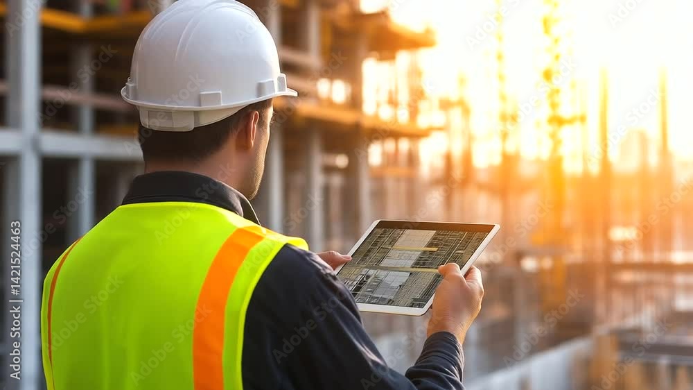 Poster a modern construction site blends physical work with digital innovation, as workers utilize tablets 
