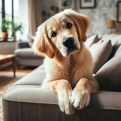 Golden Retriever puppy with cute mood posing on sofa in cozy living room backdrop
