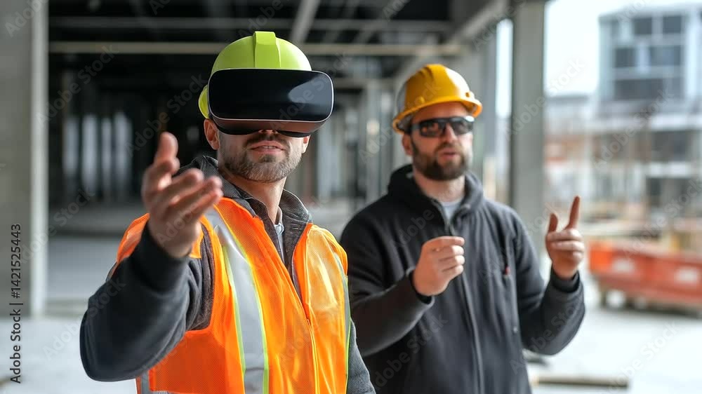 Poster construction professionals utilize mixed reality headsets to interact with a digital twin model, ref
