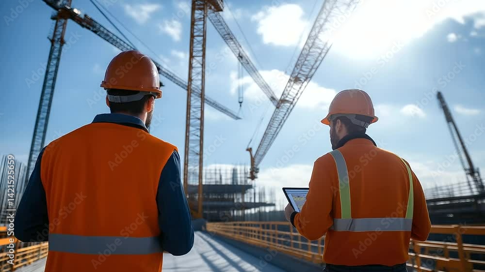 Poster workers stand on a partially completed bridge, reviewing a tablet that displays a digital twin model