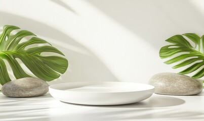 Empty white dish with tropical leaves and stones