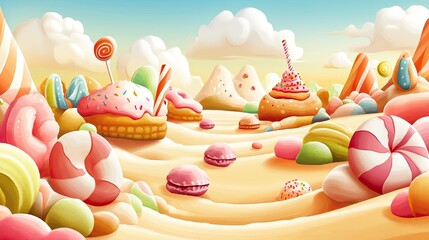 A whimsical Candy Land landscape: Sweet treats and sugary delights in a dreamy, colorful world