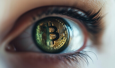 Close up fun emotional young female is holding bitcoin in front eye. Online virtual future currency concept. Beauty woman head with Bitcoin money in eye.