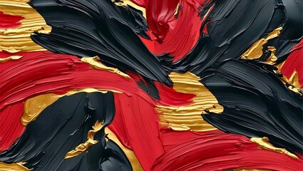 Abstract art wallpaper with bold brushstroke textures, deep contrasts between black, crimson red, and gold, evoking a sense of raw emotion and movement.