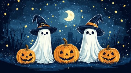 Halloween scene depicting ghosts pumpkins moon stars and trees