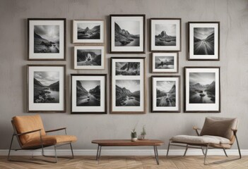 Fototapeta premium Stylish framed photo gallery wall mockup, diverse frame styles , presentation, frames