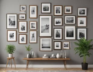 Stylish gallery wall mockup with assorted frames, various sizes and shapes, home decor ,  arrangement,  pattern,  geometric