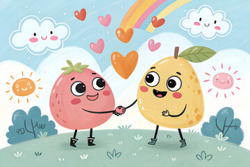 Cute Fruits Holding Hands with Joy Under a Colorful Sky  