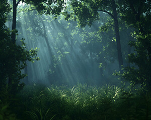 Fototapeta premium Mystical sunbeams pierce a lush, fog-laden forest, illuminating vibrant green undergrowth. A serene and enchanting natural scene.