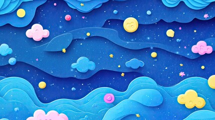 Obraz premium Whimsical Papercut Night Sky: Dreamy Blue Waves, Fluffy Clouds, and Sparkling Stars