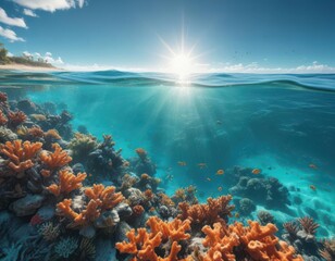 Sun-drenched turquoise ocean surface, revealing vibrant coral reef below , stock, clear, beach