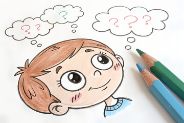 Child Thinking with Question Clouds in a Colorful Drawing Style  