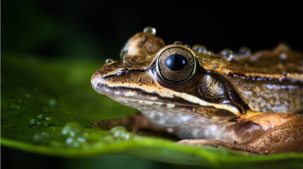 Fototapeta premium A macro shot of a frog resting on a leaf with water droplets on its skin, highlighting its delicate features and vibrant colors.