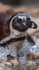 Fototapeta premium A close-up of a penguin standing in shallow water, with splashes of water and pebbles highlighting its unique features.