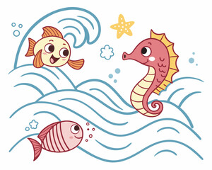 Naklejka premium Playful marine creatures swimming joyfully in colorful waves 