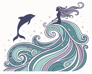 Mermaid interacting with a dolphin in vibrant ocean waves  
