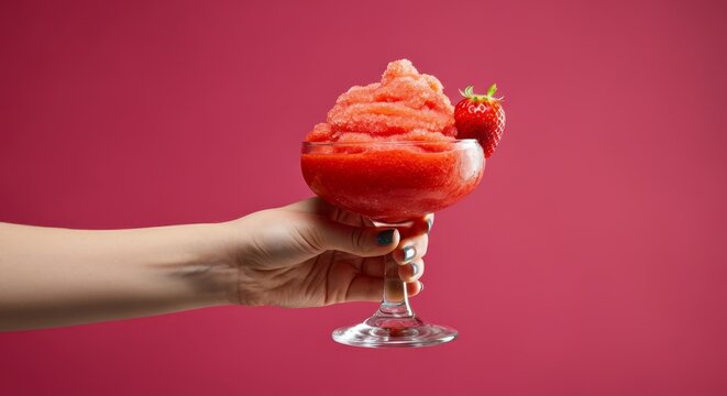 Refreshing strawberry slush in glass held by female hand against pink background