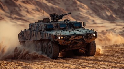 Fototapeta premium Military Armored Vehicle in Desert Terrain
