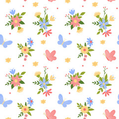 Seamless floral pattern with cute butterflies and colorful spring flowers. Bright decorative design for textiles wallpapers  wrapping paper and kids products. Vector flat style.