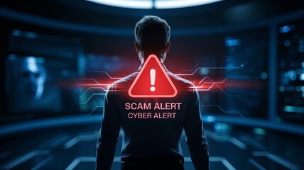 A man stands in a dark room, illuminated by a digital 'SCAM ALERT' warning, conveying a sense of urgency and danger.