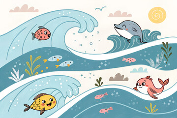 Cartoon sea creatures playing in vibrant waves under the sun  