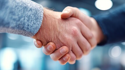 Two people shaking hands in a business setting showing agreement or partnership.
