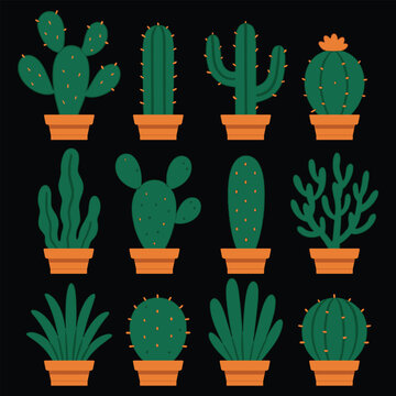 Flat Design Cactus Bundle in Flower Pots &ndash; Vector Succulent Plant Set