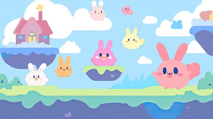 Whimsical Floating Islands with Cute Bunnies: A Pastel Paradise Game Scene