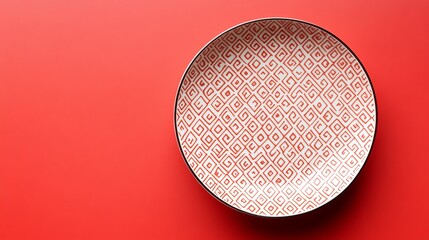 Stylish red and white patterned ceramic plate on red background art dish food decor style clean image