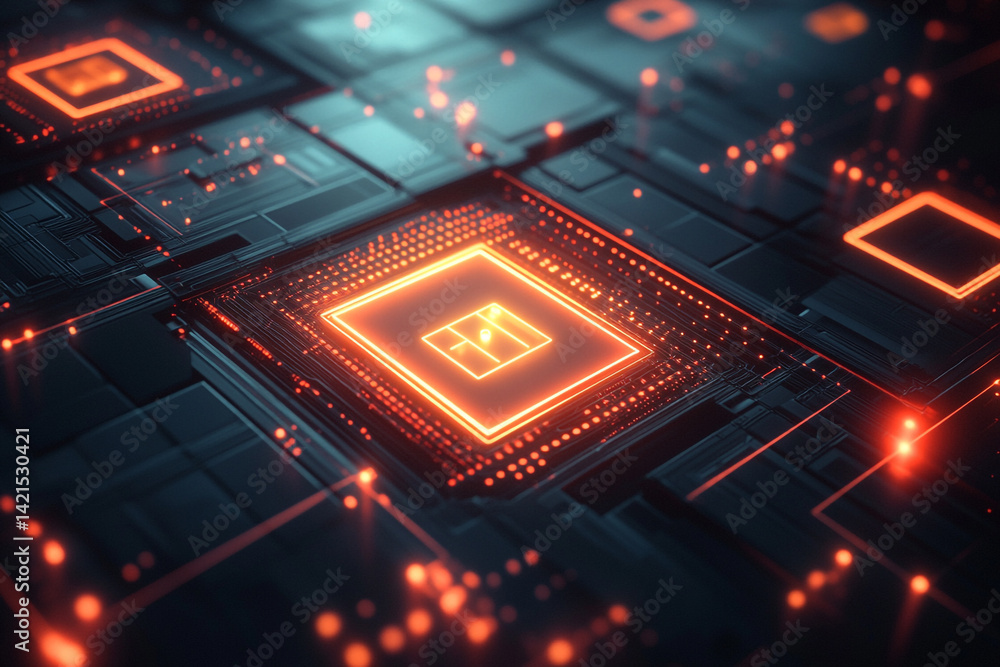 Poster glowing central processing unit on a circuit board with orange lights technology background
